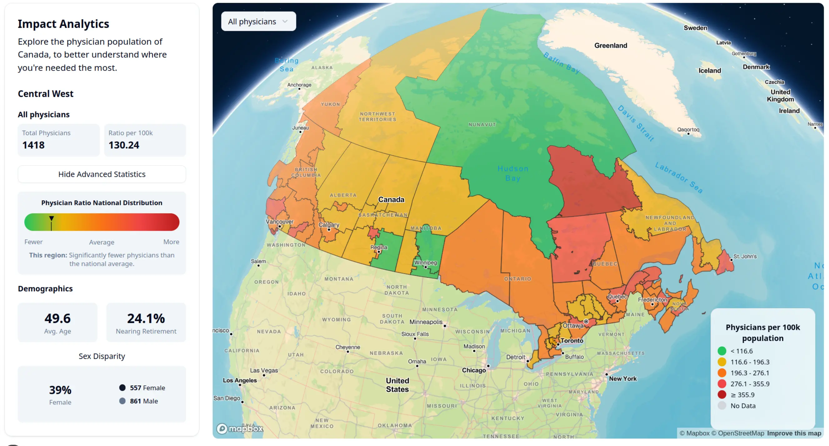 A map of Canada showing physician density in different regions.