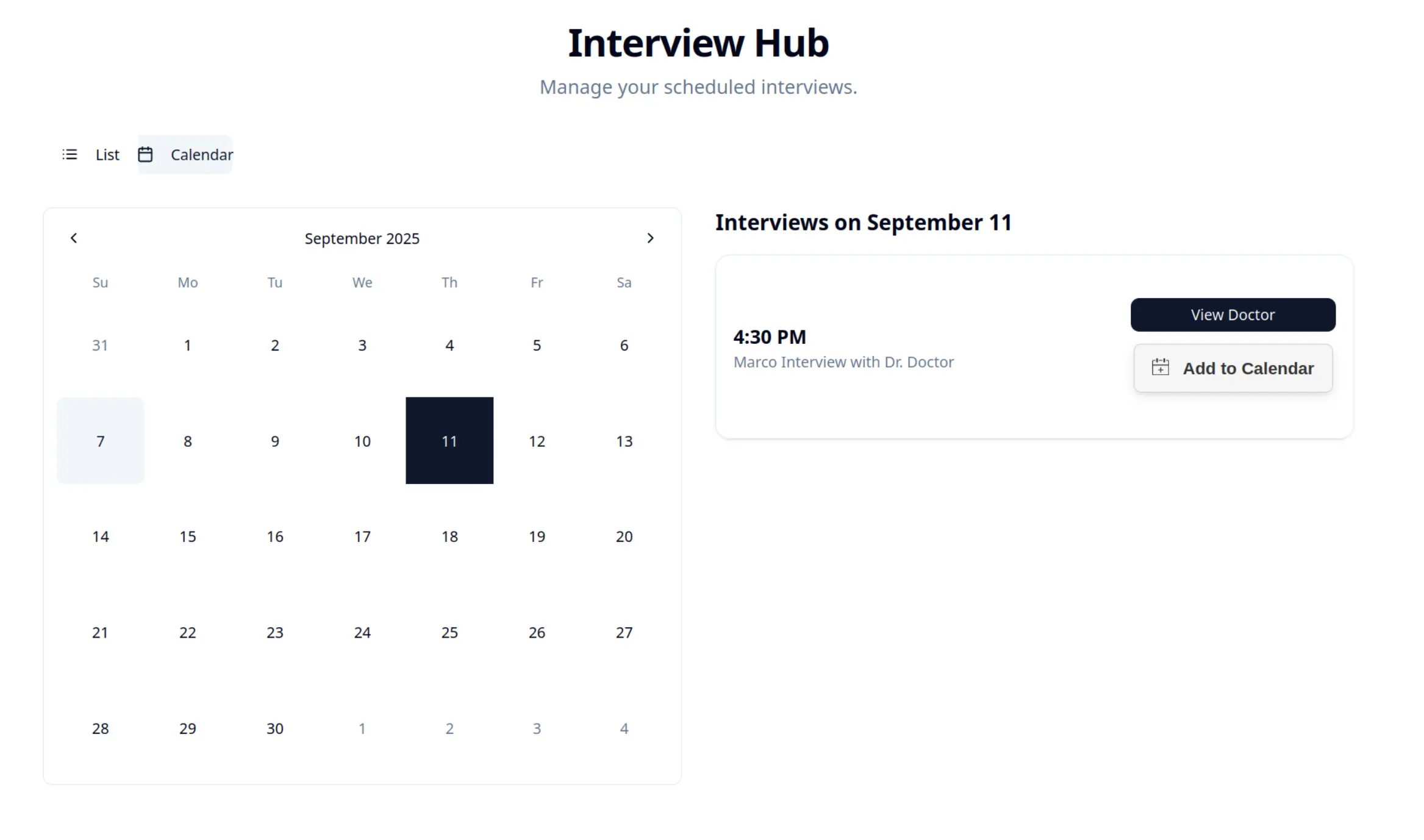 Interview management page displaying scheduled interviews with doctors and calendar integration.