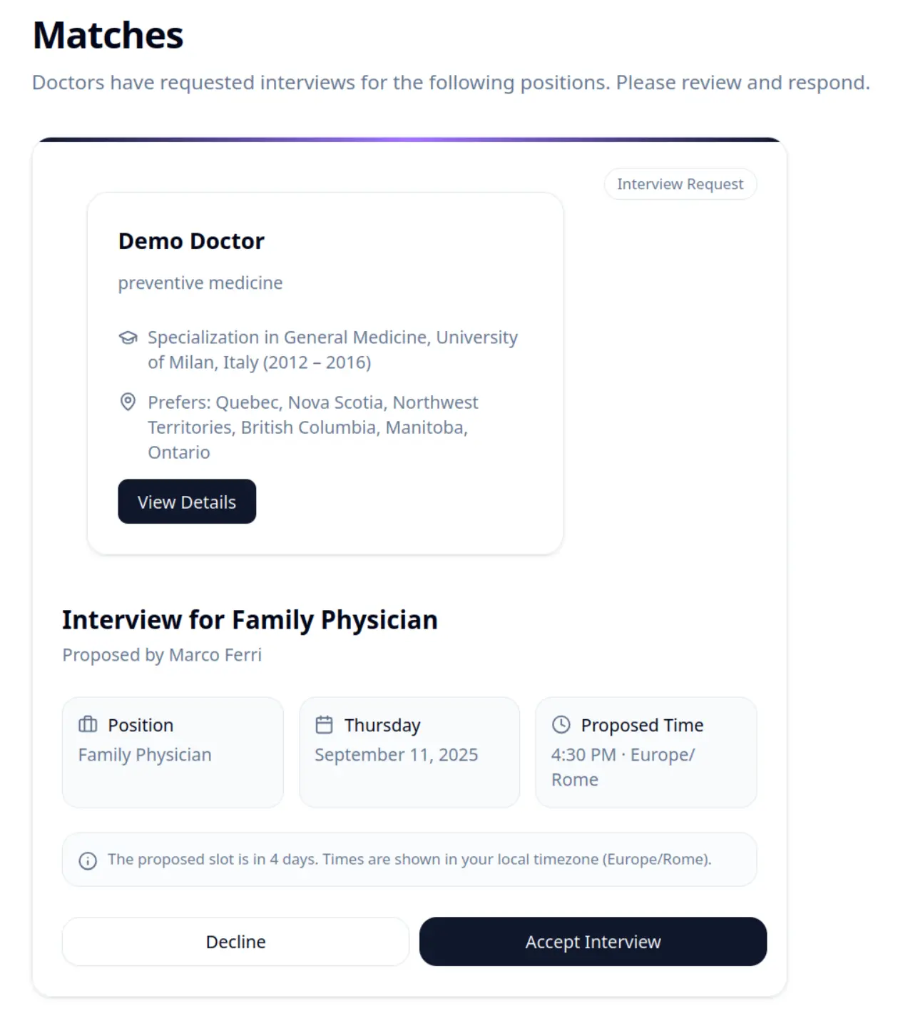 A doctor's profile card showing a match for a job, with options to view CV or request an interview.